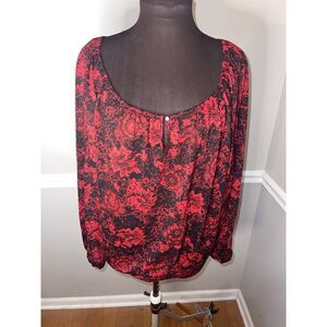 Faded Glory Womens Plus‎ Size Red Black Floral Keyhole Shirt Sz 2X